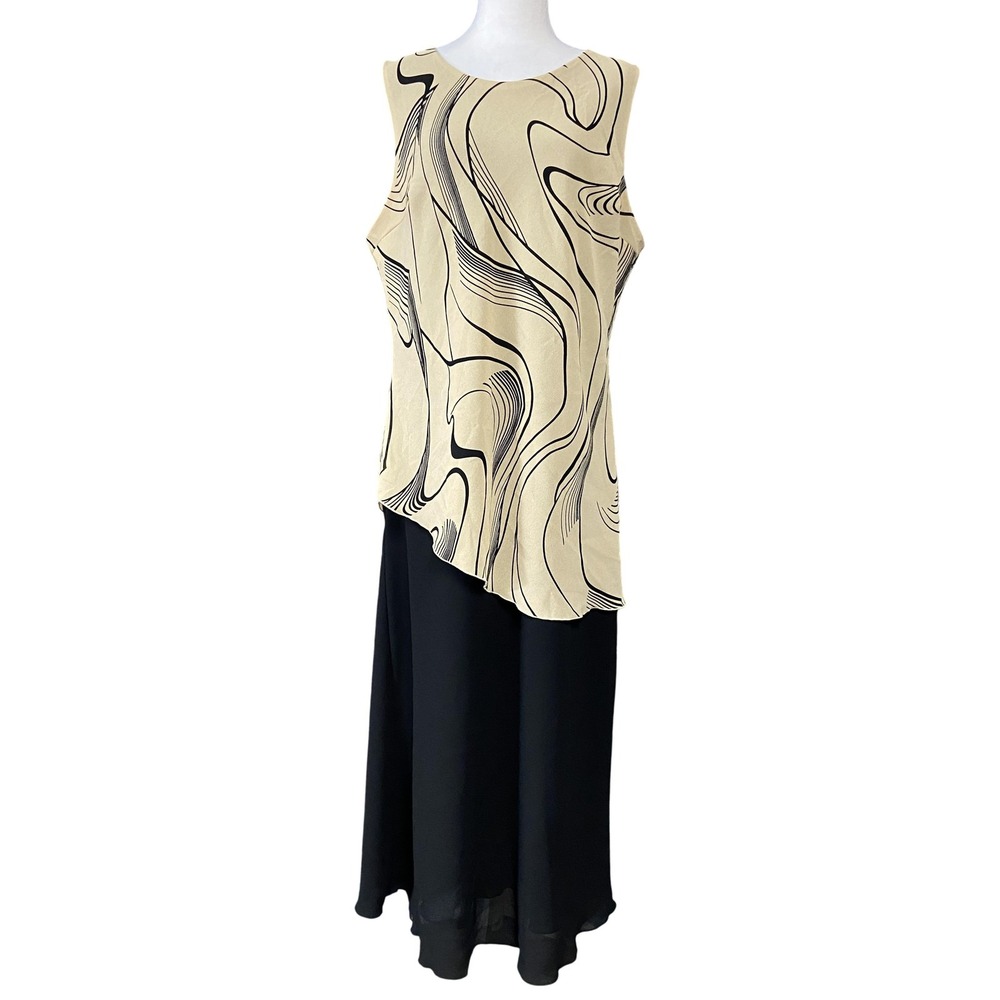 Sharon Max Dress Womens 2XL Beige Black Abstract Midi Sleeveless Made USA Formal